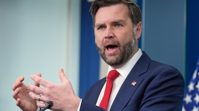 Vice President JD Vance speaks to reporters in the James S. Brady Press Briefing Room at the...