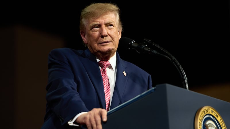 President Donald Trump speaks during a campaign rally at Heartland Credit Union Arena, Monday,...