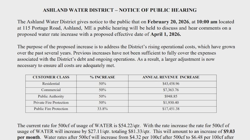 Ashland Water District proposes 50% rate increase.