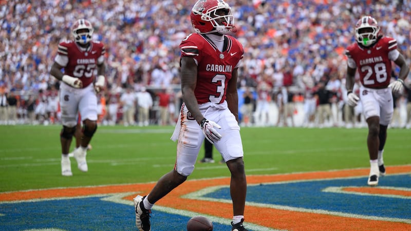 South Carolina wide receiver Mazeo Bennett Jr. (3) celebrates scoring a touchdown during the...